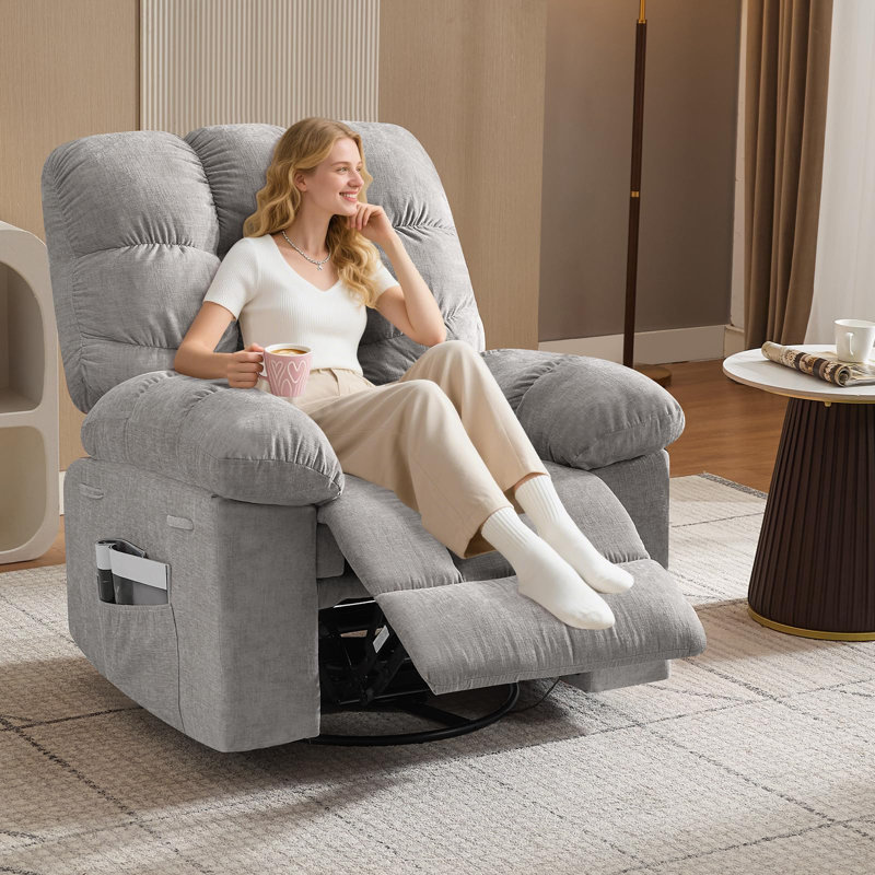 35.4" Wide Oversized Manual Recliner with Massage and Heat, Swivel Rocking Chairs with Side Pocket, Gray