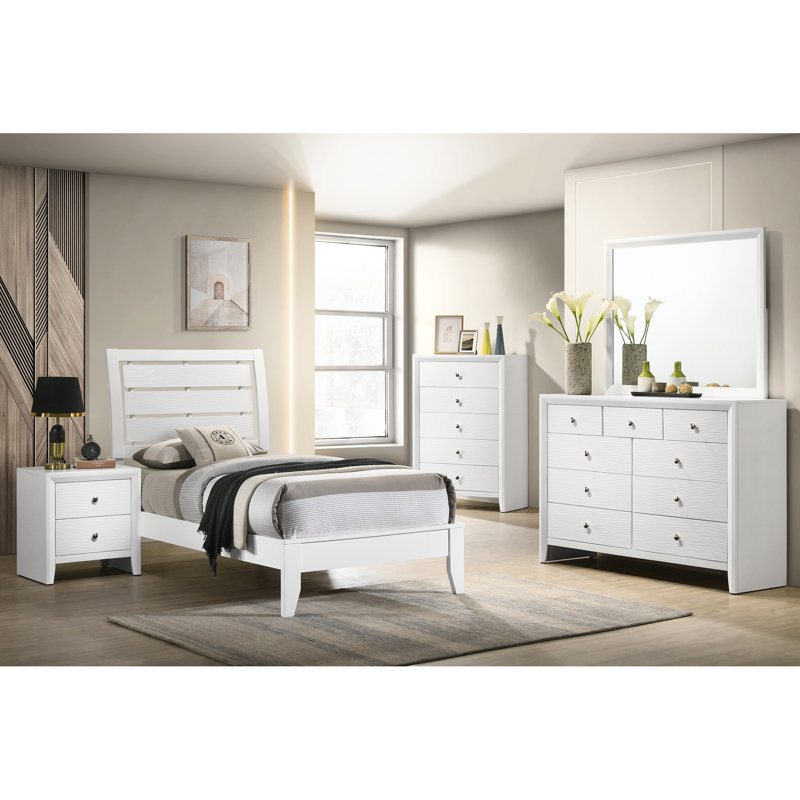 Lit simple de conception géométrique, cadre en bois blanc et tête de lit à finition géométrique de conception contemporaine