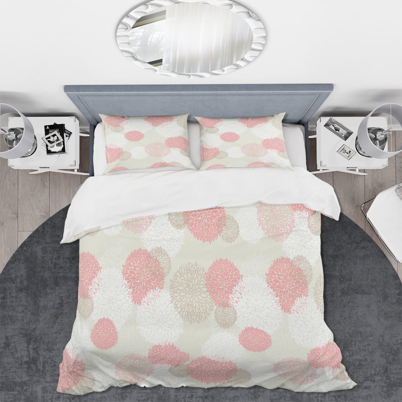 Fleurs de printemps rose pastel et blanches pastel - ensemble de housse de couette moderne Mid-Century - microfibre de polyester
