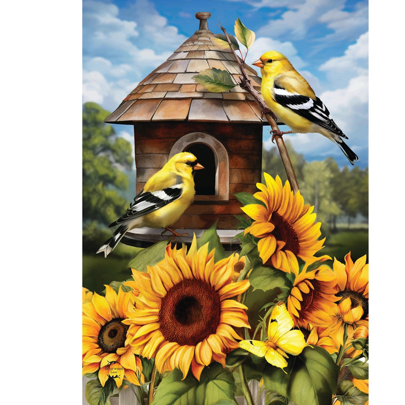Drapeau de jardin chardonnerets et tournesols, Jaune/brun/vert sauge d'été