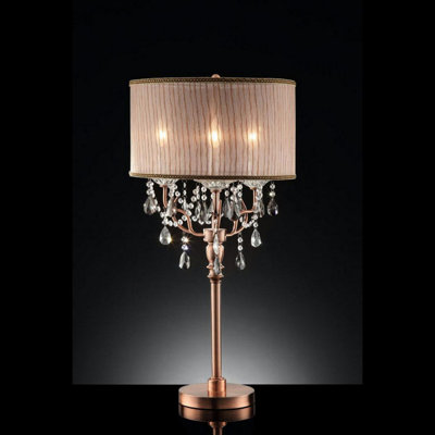 Grande lampe de table «Rosie» avec finition rose argenté et accents de cristal, abat-jour