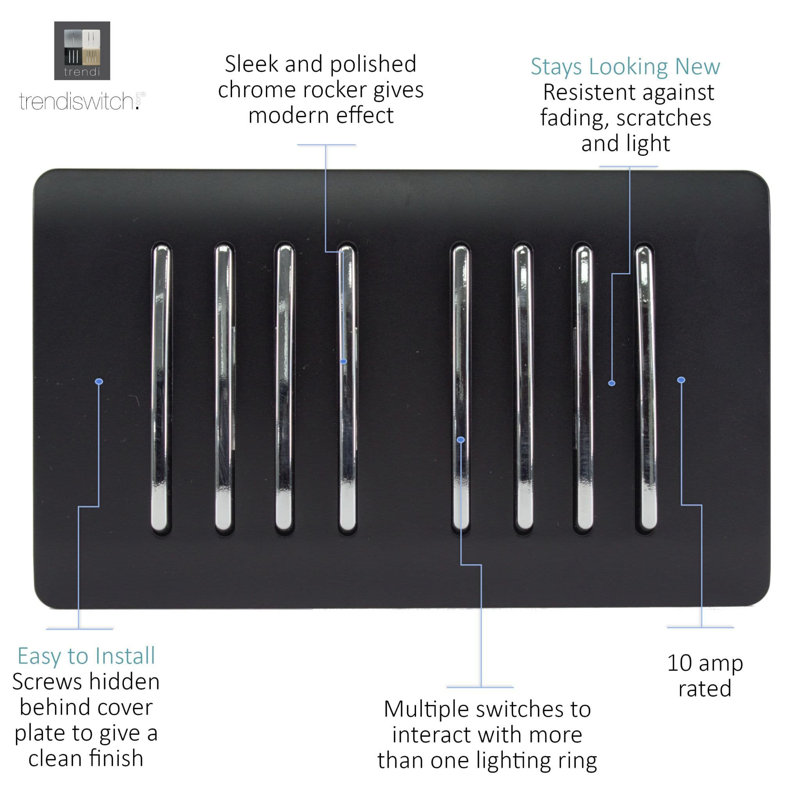 Trendi Switch 8 Gang 1 or 2 Way Light Switch, Matt Black