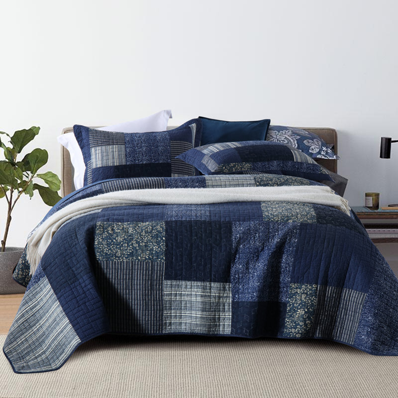 Ensemble de courtepointe réversible 100% coton à motif floral, Bleu, Édredon très grand et 2 très grandes taies déc