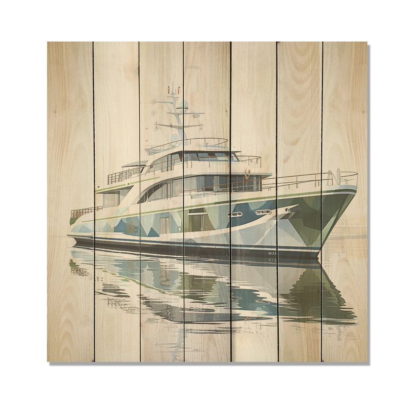 Art Nouveau Yacht In Miami - Coastal Boat On Wood Print, 15" H x 15" W