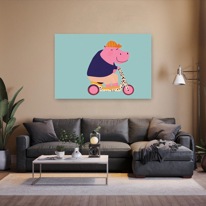 Happy Hippo Scooter Ride Playful Contemporary Animal Wall Art Print by Mathieu - Wrapped Canvas Print, 101.6cm H x 152.4cm W
