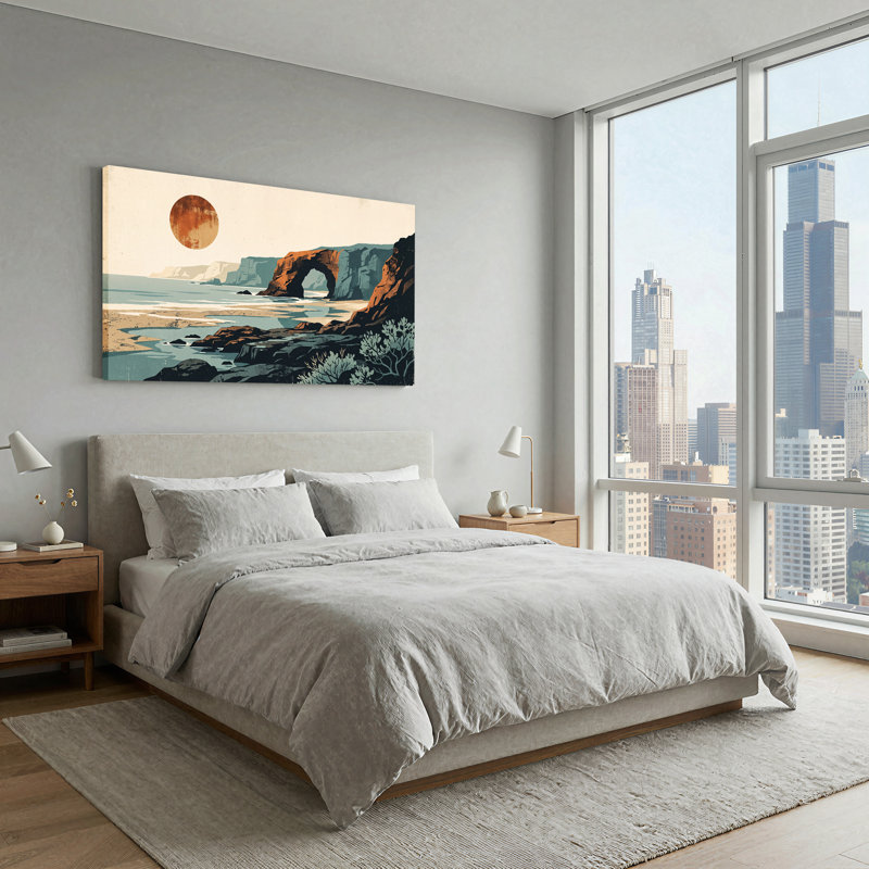 «Rusty Orange Sun Over Coastal Rock Arch», art mural sur toile, 40“W x 20”H