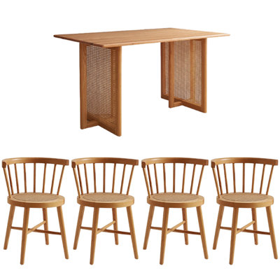 Durable Rectangular Red Oak Rattan Dining Table