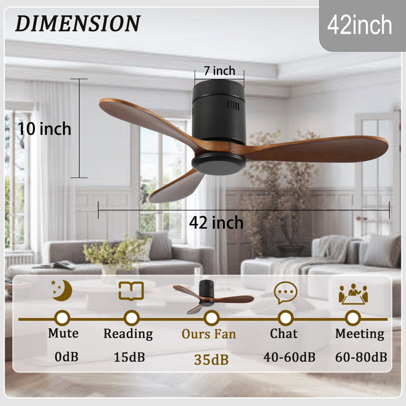 Ventilateur de plafond encastré de 42 pouces sans lumière, pales en bois massif, moteur CC réversible silencieux, télécommande avec 6 vitesses et minuterie, économie d'énergie pour la chambre à coucher, le salon, pas de plafond incliné