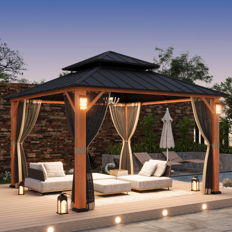 Hamilton 12' x 12' Hard Top Gazebo With Solar Self Powered LED Lights, Mosquito Netting And Canopy Hook, Brown