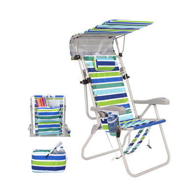 Ultimate Heavy Duty High Seat Aluminum Folding Backpack Beach Chair for Adults | Lay Flat, 5 Reclining Positions | Removable Insulated Cooler Pouch & Canopy for UV Protection