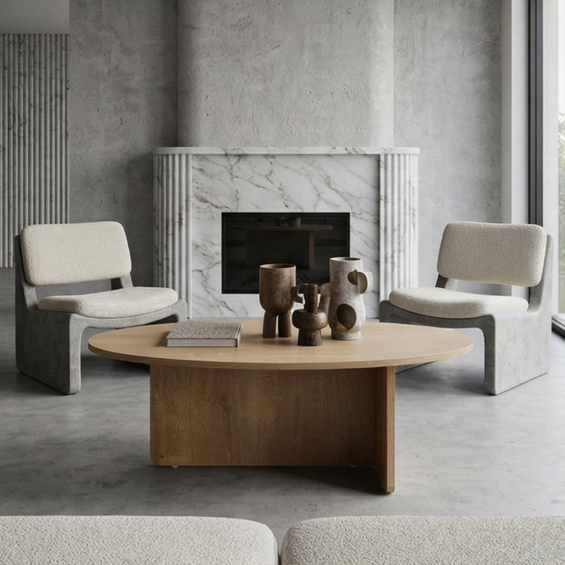 Aurelia Modern Oval Coffee Table With Architectural Slab Base, Oak