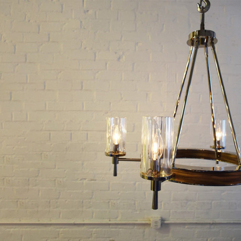 6 - Light Chandelier, 28" H x 32" W x 32" D, Polish Nickel/American Walnut, Clear