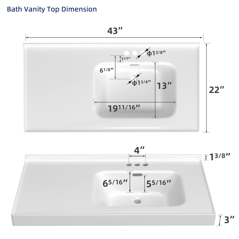 43'' W X 22'' D Single Sink White Vanity Top Solid Surface Rectangular Bathroom Sink Countertop with 1.38in. H Backsplash Basin&Pre-drilled Three Faucet Holes