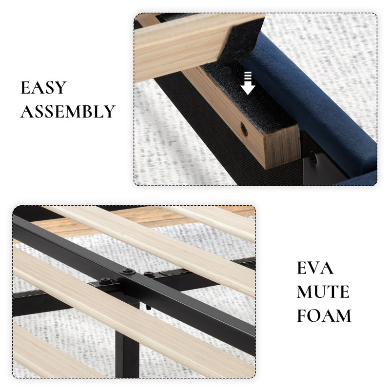 Modern Velvet Upholstered Platform Bed with Headboard, No Box Spring Needed, Navy Blue, Twin