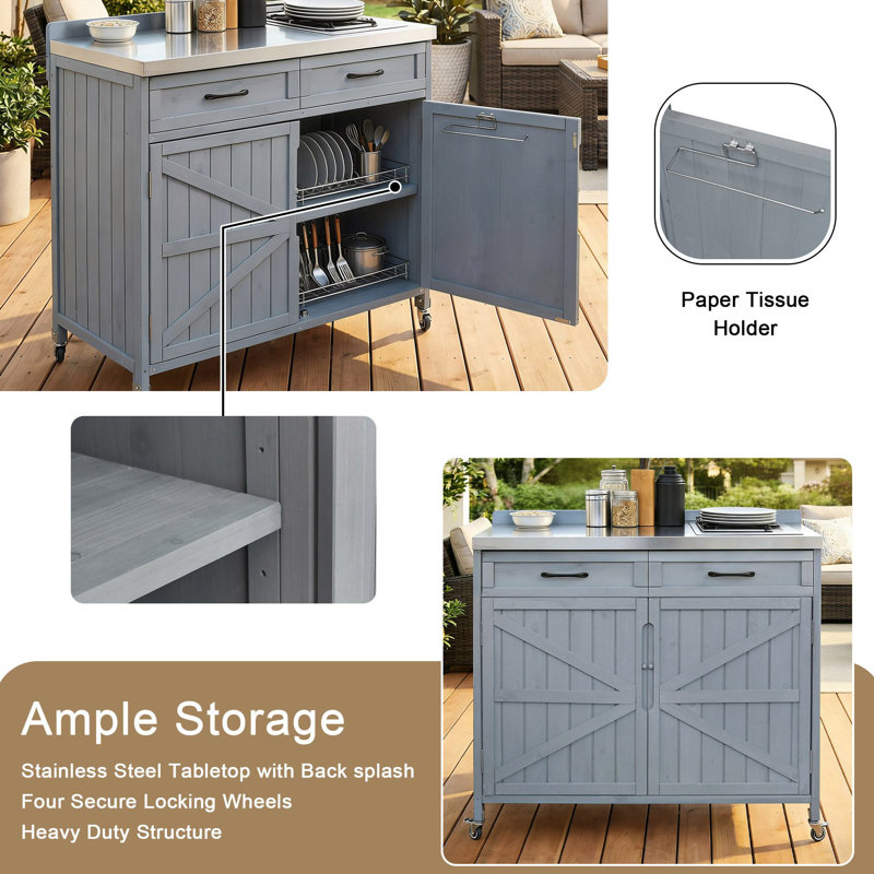39.4" Outdoor Kitchen Island With Stainless Table Top, Gray Blue
