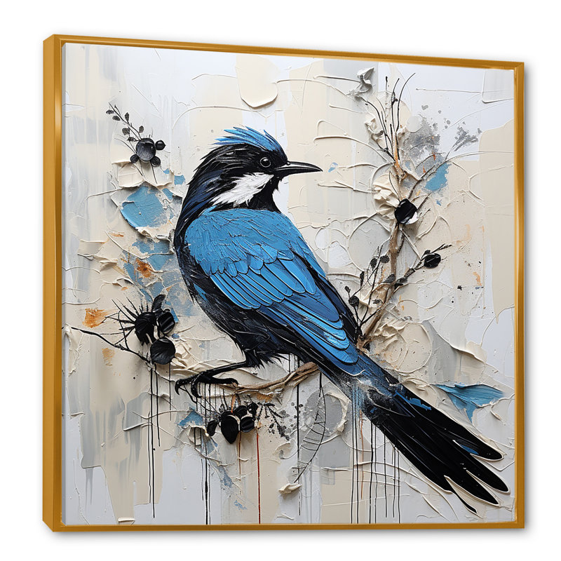 Oiseau, minimalisme, fleurs blanches, œillet II encadré sur toile, H 30 po x l 30 po x P 1 po, Or