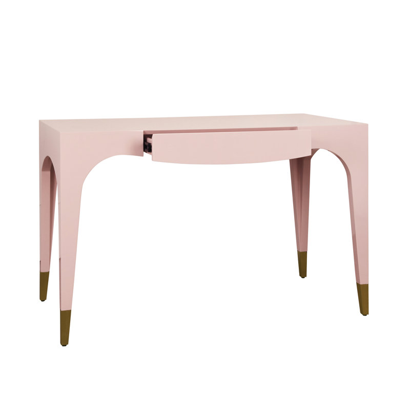 Tapered Leg, One Drawer Desk With Antique Brass Foot Caps, Pink