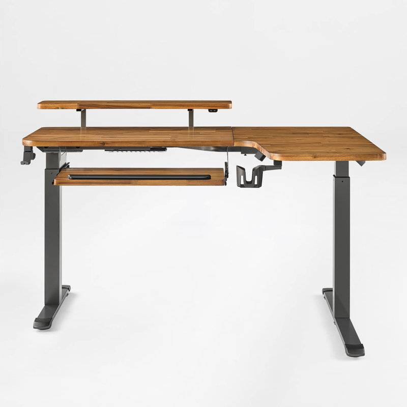 Bureau en bois massif moderne à hauteur réglable en L en bois massif, Retour à gauche, Dark Acacia Wood/Black