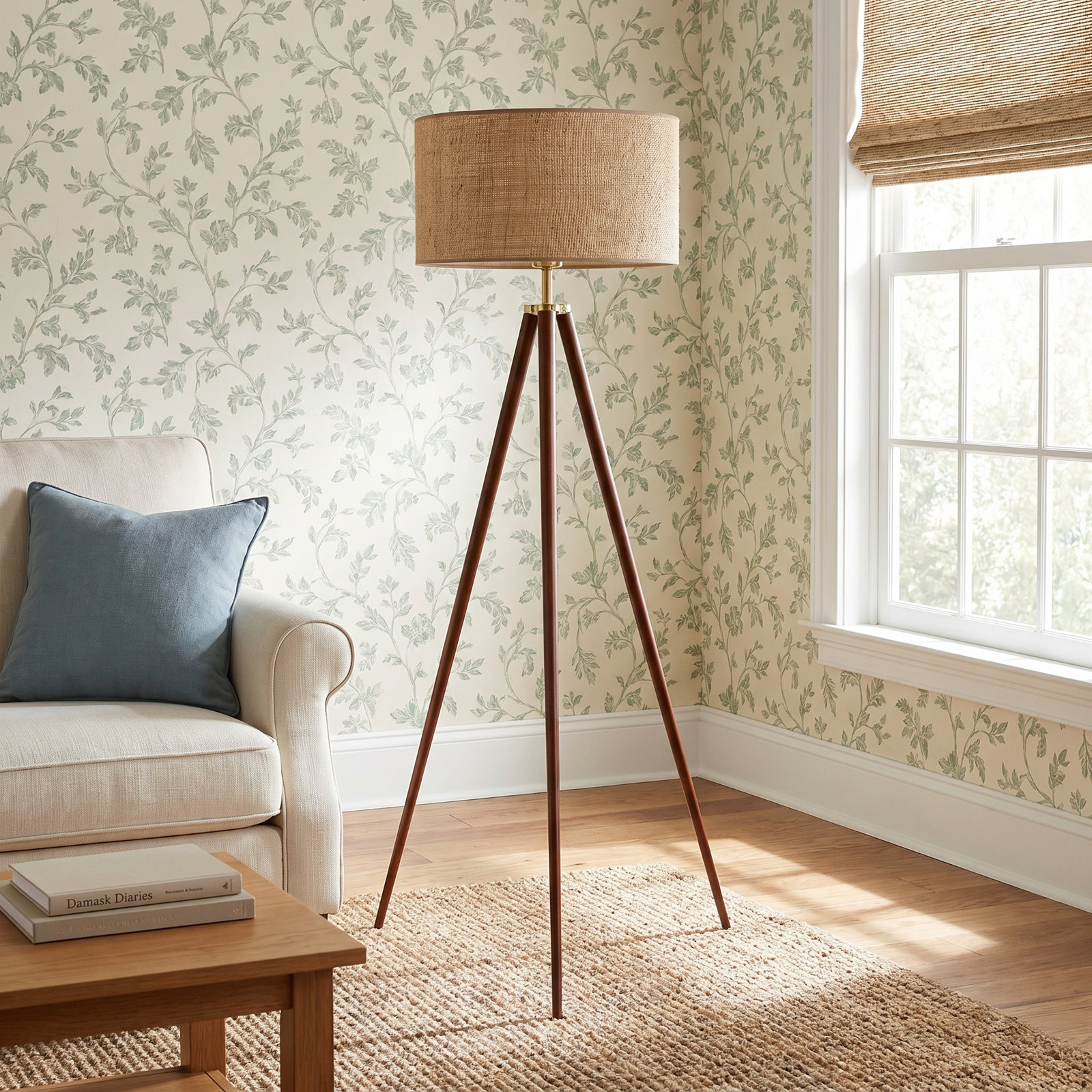 Kisa 60.5'' Dimmable Floor Lamp, Walnut Wood w. Antique Brass Accents, Woven Natural Rattan Shade w. Beige Trim