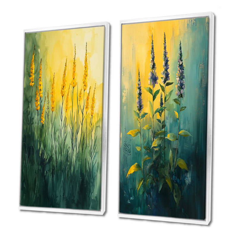 Herbes au soleil de l'été I - art mural floral 2 panneaux, H 28 po x l 25 po, Cadre flottant blanc