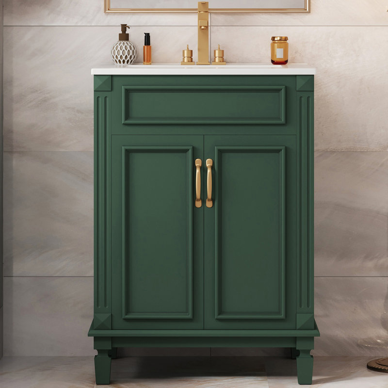 24'' Freestanding Bathroom Vanity With Ceramic Sink, Green, Gold