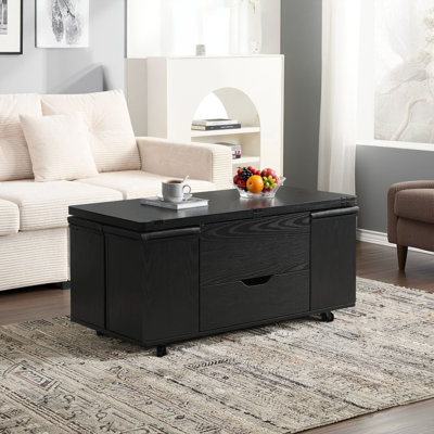 Table basse relevable noire moderne: avec rangement caché, 4 tabourets et roulettes, une table centrale multifonctionnelle convenant aux espaces de vie modernes