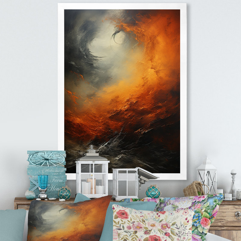 Lauana " Orange Storm Force Of Nature I ", White Picture Framed, 32" H x 16" W x 1" D