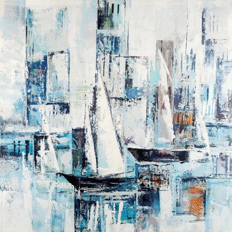 Formes abstraites et bateaux | Décoration de chambre à coucher en toile bleue, H 24 po x l 24 po