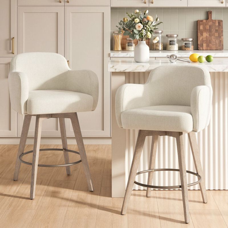 Tabourets de bar pivotants en chenille avec accoudoirs, Crème