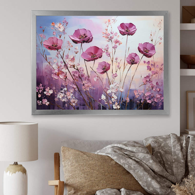 «Violet Flower Meadow Harmony II», reproduction sur toile, Cadre simple argenté, H 30 po x l 40 po x P 1,5 po