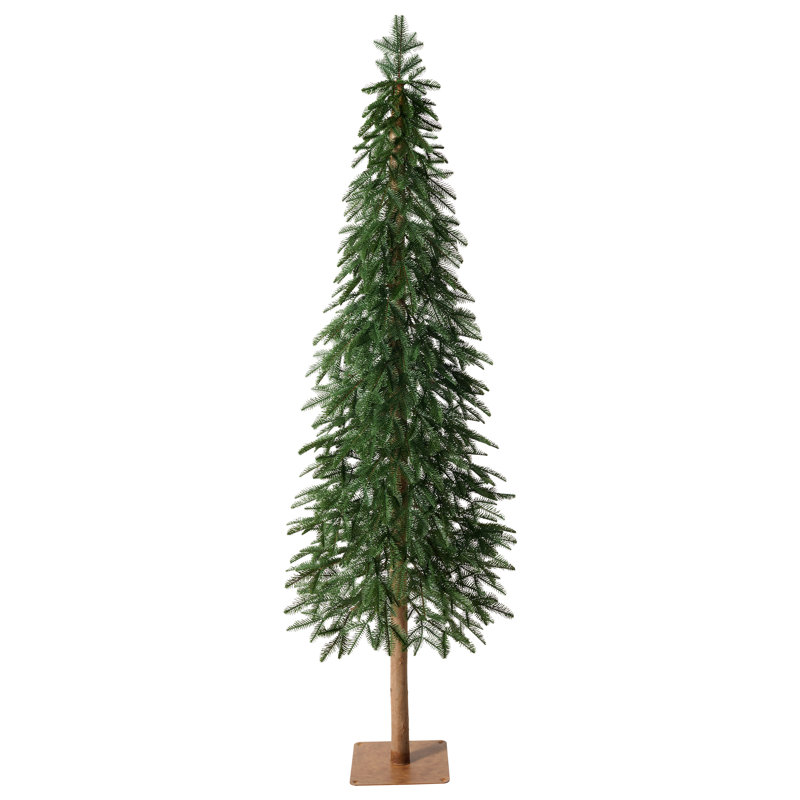 Sapin de Noël artificiel de 2,13 m (7 pi), faux sapin réaliste en pot avec tronc en bois véritable et aiguilles plates en PE - Sapin élancé et robuste avec base en fer pour une décoration moderne de maison, de bureau et d'entrée
