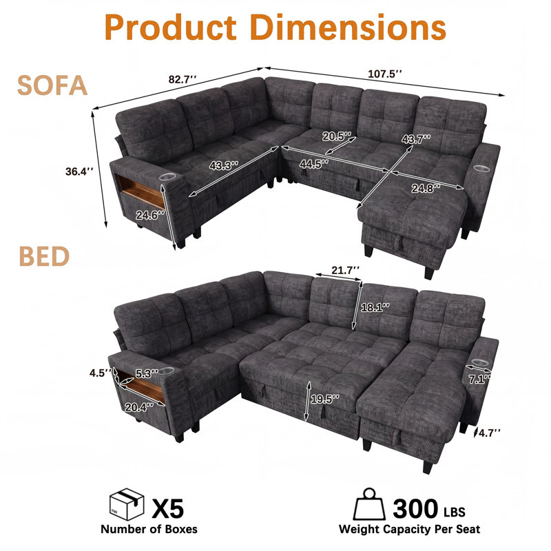 Grand canapé-lit modulaire en L 107 po en chenille avec méridienne, siège d'angle, accoudoir de rangement et orifices de recharge de 107 po, gris foncé