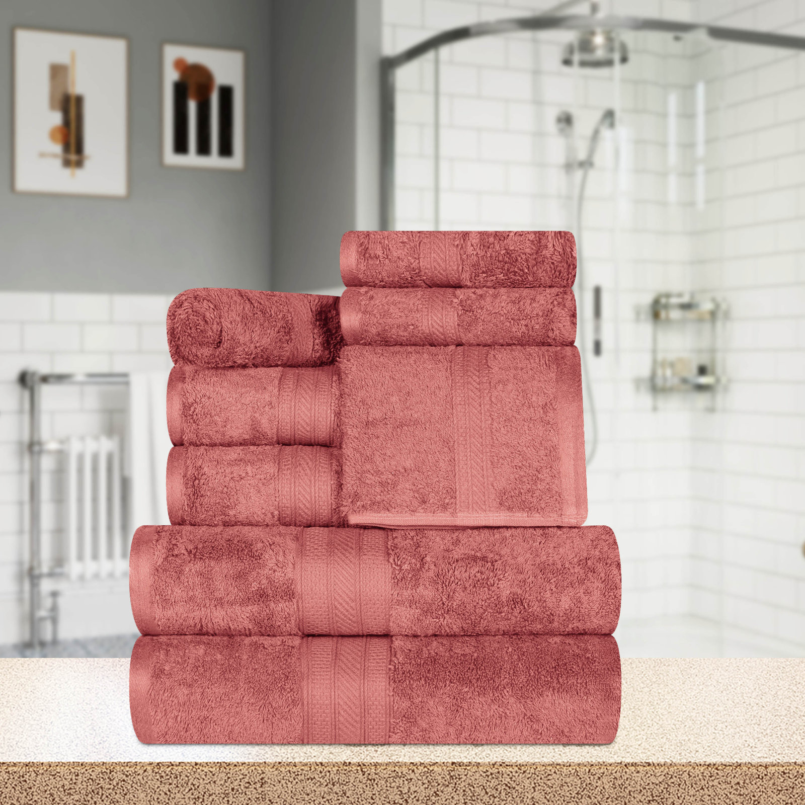 Glenlee Long Staple Combed Cotton Solid 8-Piece Quick-Drying Towel Set, Blush