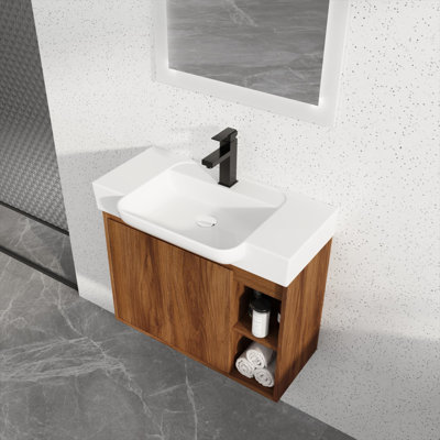 28 Inch Wall-Mounted Bathroom Vanity With White Ceramic Sink And Soft-Close Door, Perfect For Modern And Eco-Friendly Bathrooms.