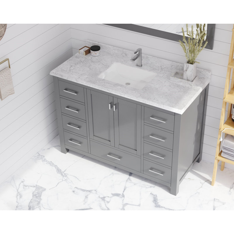 Ensemble de meuble-lavabo simple 48 po Mariário, Gris, Marbre de Carrare blanc