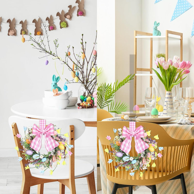 2 pièces 9 po Mini couronne de Pâques pour porte d'œufs de Pâques avec porte d'armoire de cuisine, fleurs de printemps, fleurs sauvages, décorations florales avec ruban pour la maison