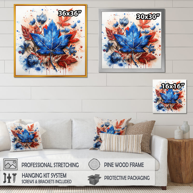 Bleu et rouge, feuille d'érable de Toronto - art mural hockey, Toile tendue, H 16 po x l 16 po x P 1 po
