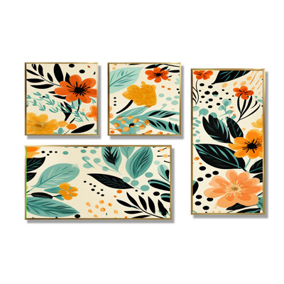 Floral fusion en noir et jaune - chalet, ensemble traditionnel de 4 impressions murales
