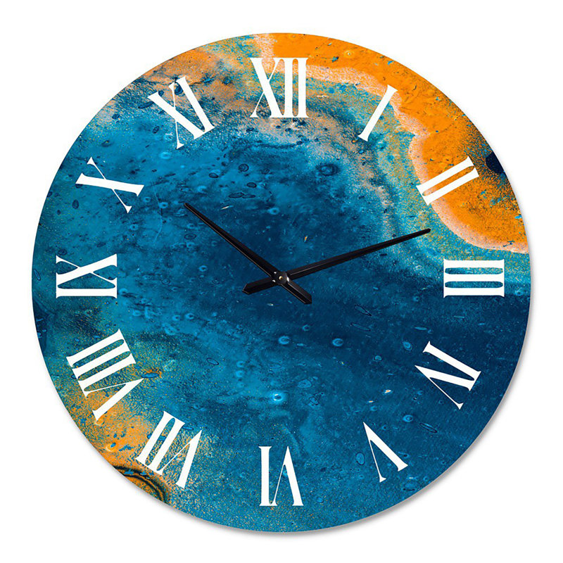 Composition abstraite de marbre en bleu et orange V - horloge murale moderne, Moyenne