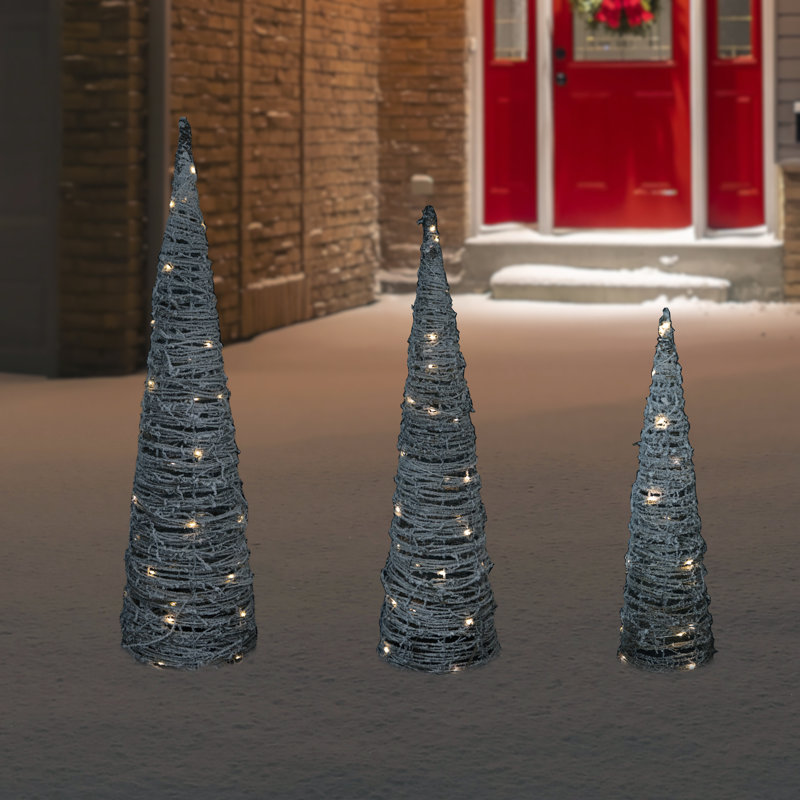 Set Of 3 LED Lighted Snowy Rattan Christmas Cone Tree Decorations 3.25'