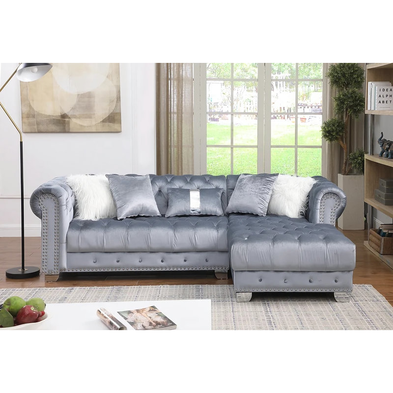 Sicard 97 Right Hand Facing Modular Sofa & Chaise, Gray Velvet, Silver