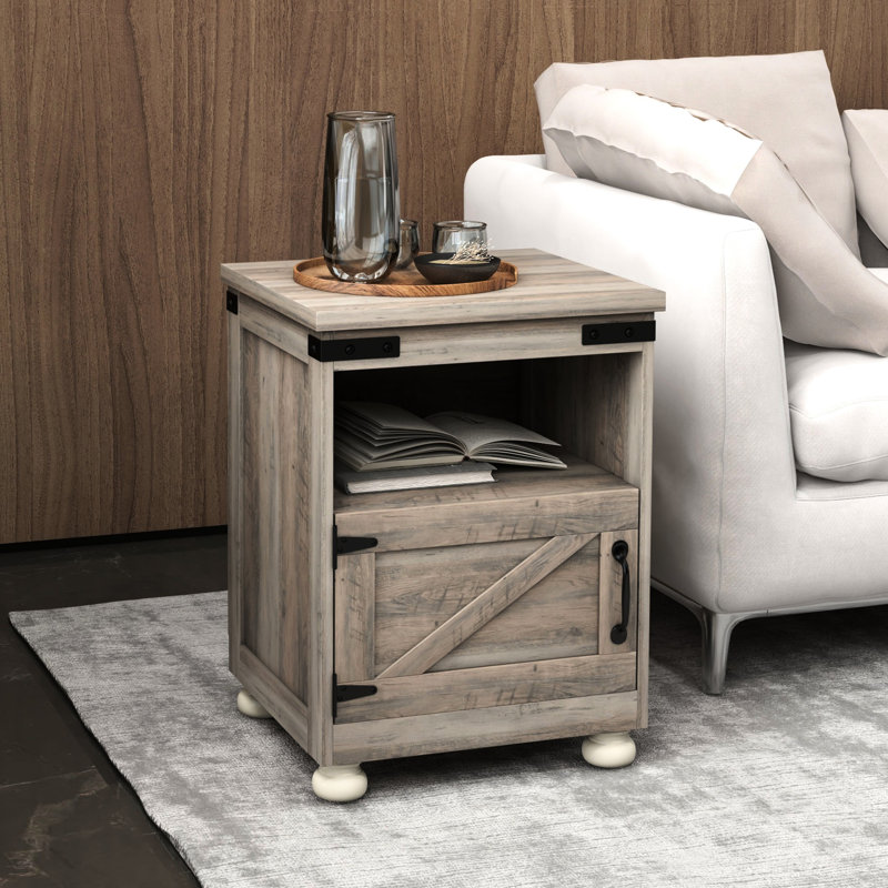 Petite table d'appoint grise. Table de bout avec rangement. Tablette ouverte et armoire spacieuse. Pieds modernes en bois. Polyvalent. H 17,7 po x P 15,4 po. P 23,6 po. Peut contenir 110 livres de rangement gris. Style Living