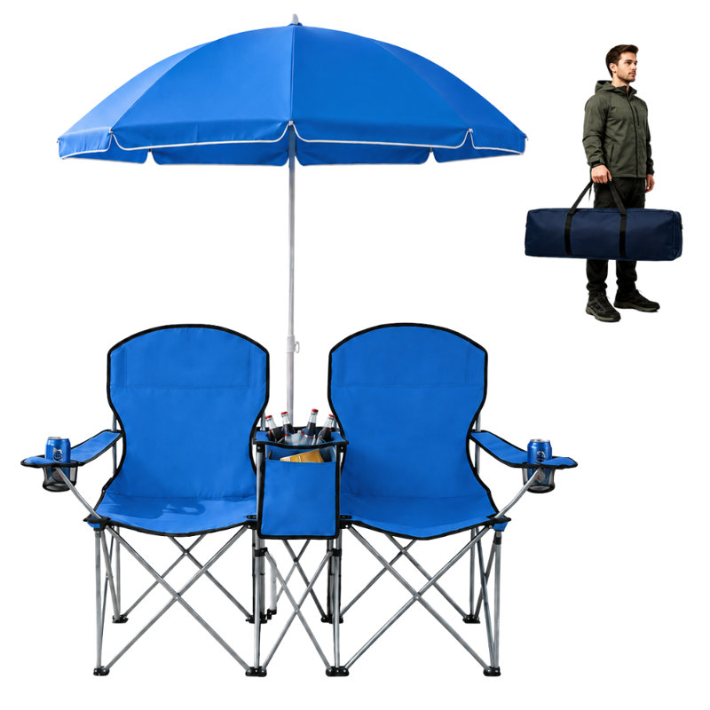 Chaise d'extérieur à double siège avec parasol, Bleu