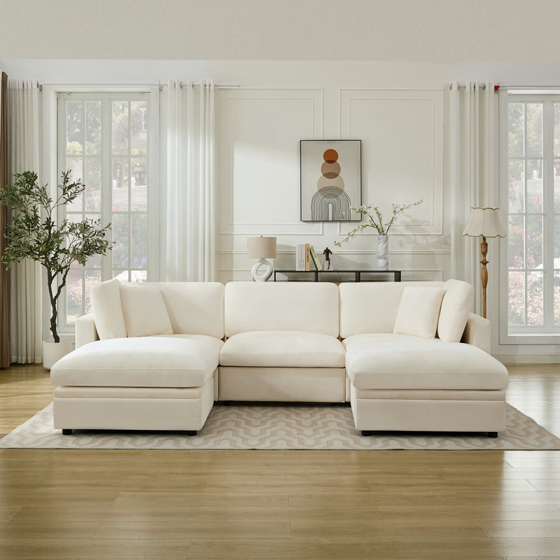 Canapé modulaire surdimensionné rembourré de duvet avec repose-pieds avec rangement, Beige