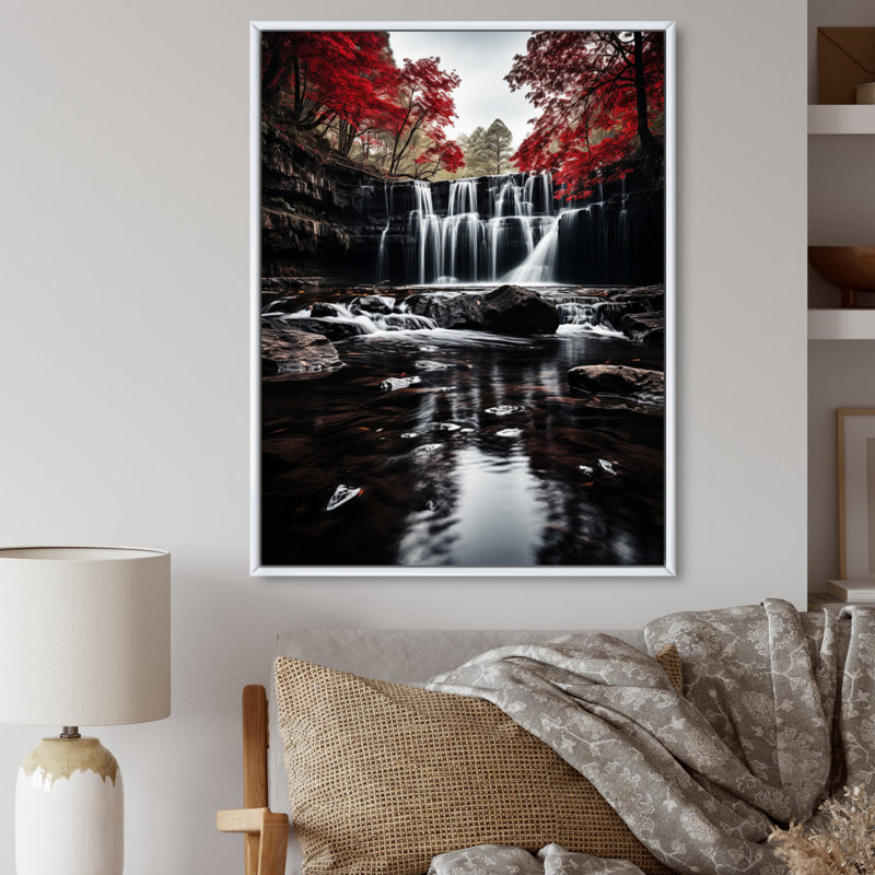 Chute grise et rouge de l'éternité I sur toile, 20" H x 12" W, Gold Picture Framed