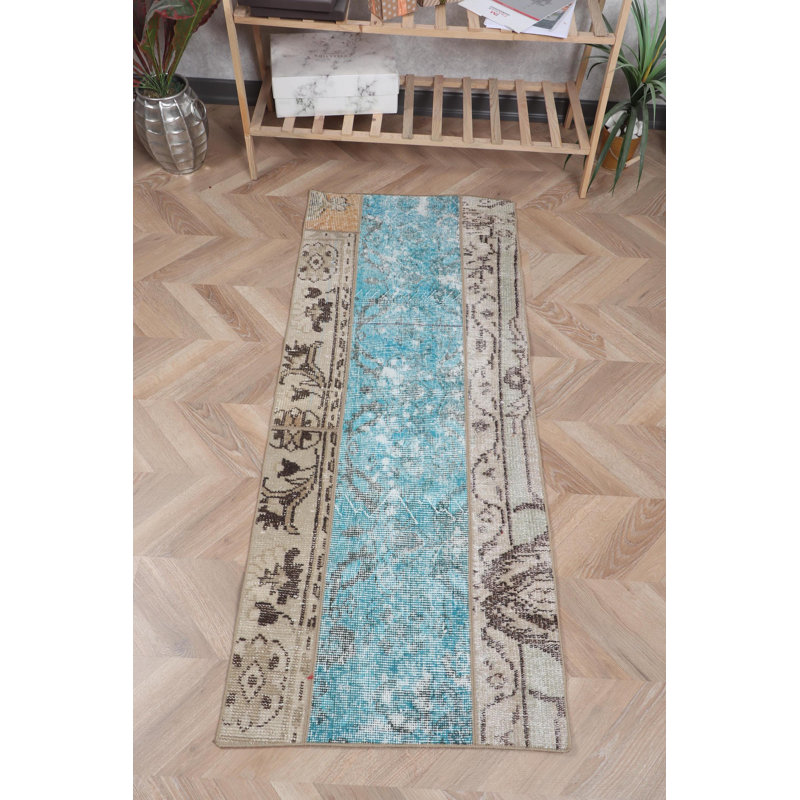 Tapis traditionnel traditionnel turc Oushak bleu patchwork idéal pour les petits espaces en laine