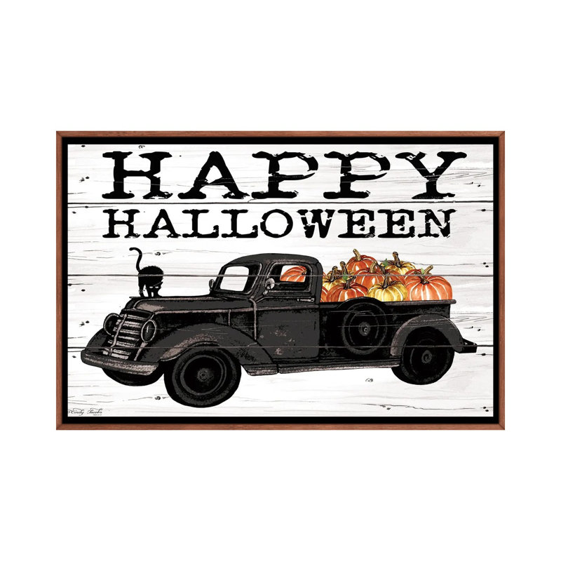«Happy Halloween Black Truck», reproduction d'art sur toile encadrée, Brun
