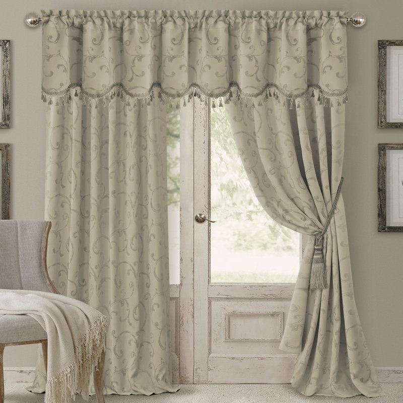 Rakowski Jacquard Scroll Damask Blackout Single Curtain Panel, Natural, 52" W x 95" L