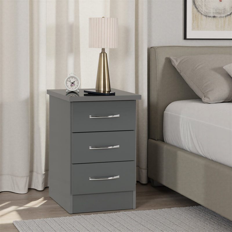Cascio 3 Drawer Bedside Table, Gloss Grey