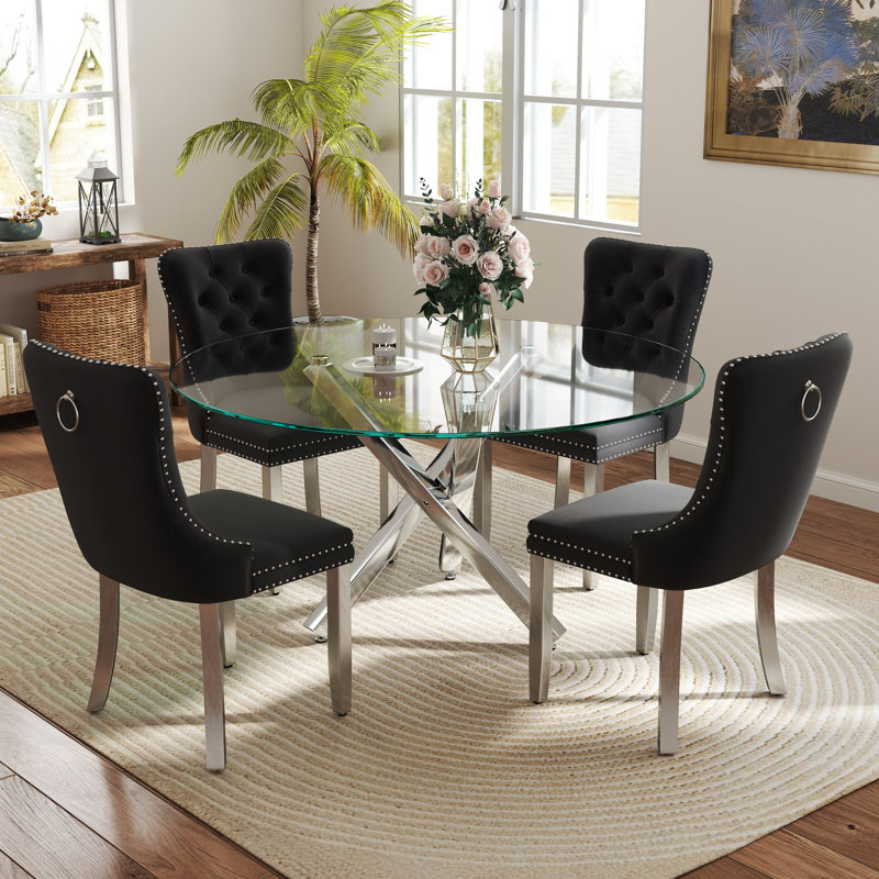 5-Piece Round Glass Dining Table Set, 29.5"H x 47"L x 47"W, Silver, Black/Silver